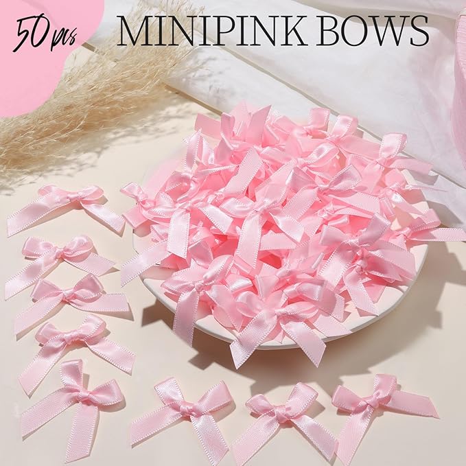 YGDZ Mini Pink Bows - 50 PCS, Satin Fabric Ribbons for Crafts, Tiny Bows for Wedding Party Favors, Gift Box Decorations