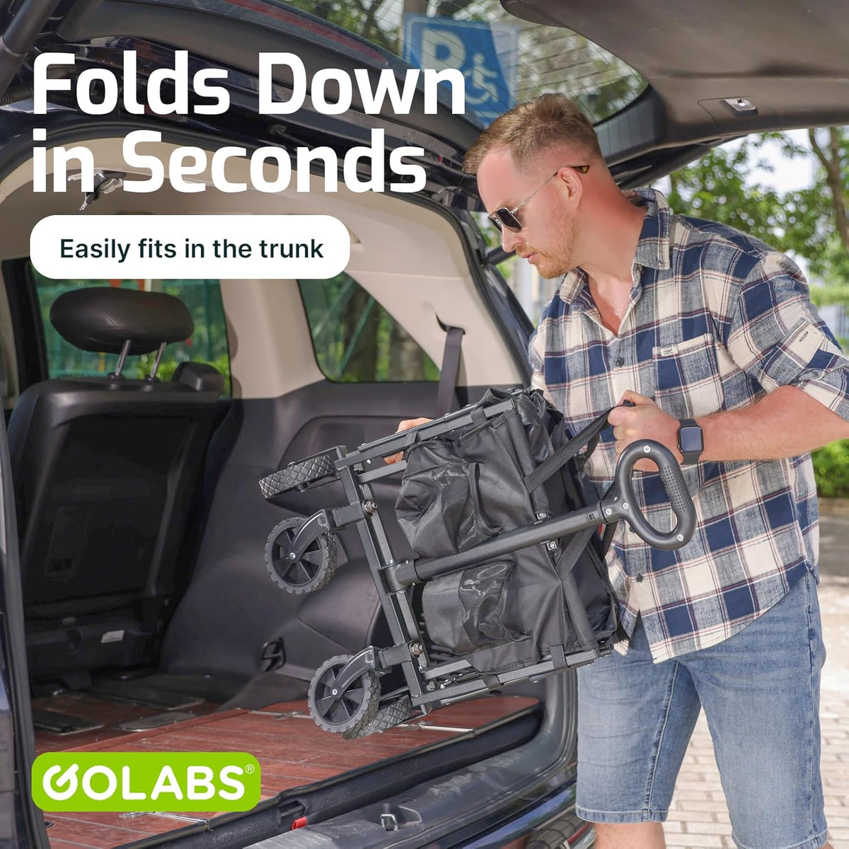 Golabs Collapsible Wagon Cart Max 350lb Load & Expandable Storage 100L, Double Bearing Design for Flexible Steering, Foldable Heavy Duty Garden Cart with 2 Cup Holders for Groceries, Garden & Camping