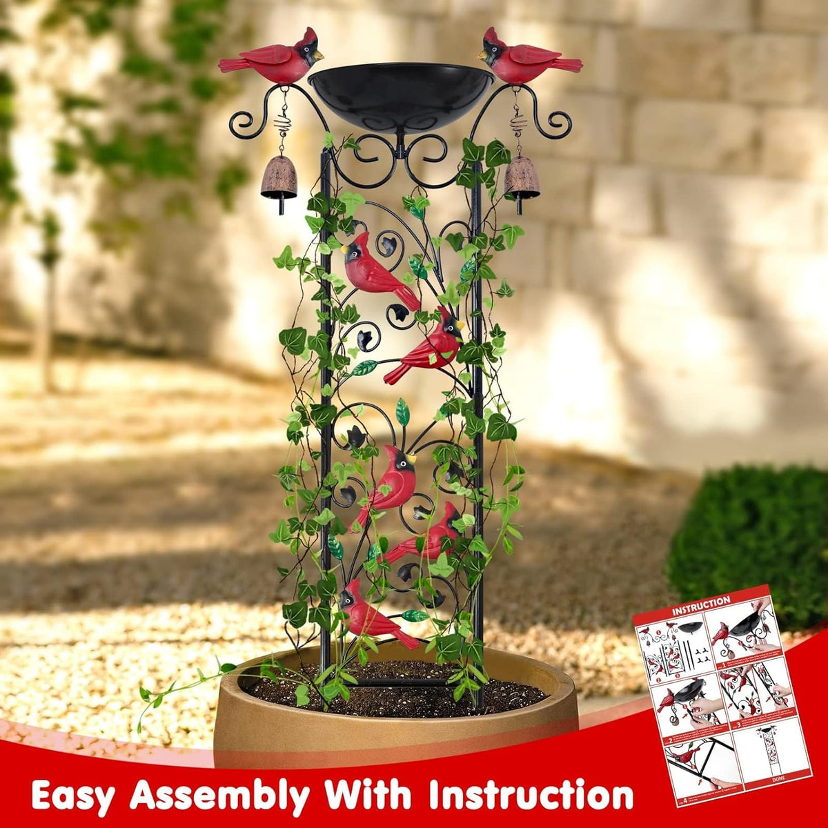 Cardinal Bird Bath Garden Trellis for Climbing Plants Outdoor Wind Chime Decor Red Birds Feeder Yard Sign Spring Lawn Decorations Housewarming Christmas Appear Memorial Gift for Bird Watcher Gardener
