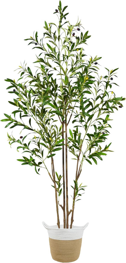 6ft (71”) Artificial Olive Tree, Tall Fake Olive Plant with Basket, Faux Olive Silk Tree for Mordern Indoor Home Livingroom Office Floor Corner Décor
