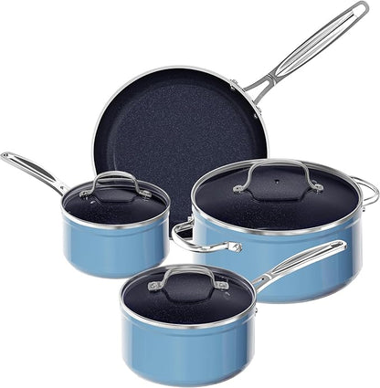 Nuwave 7pc Cookware Set Healthy Duralon Blue Ceramic Nonstick Coated, Diamond Infused Scratch-Resistant, PFAS Free, Oven Safe, Induction Ready & Evenly Heats, Tempered Glass Lids & Stay-Cool Handle