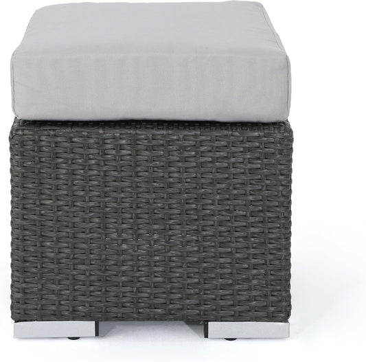 Christopher Knight Home Santa Rosa Outdoor 16" Wicker Ottoman Seat with Water Resistant Cushion, Grey / Silver