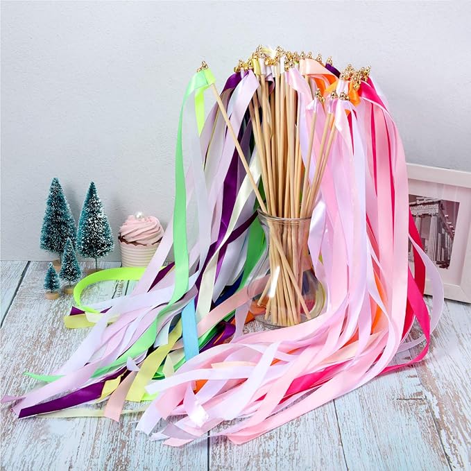Boao 40 Pieces Mixed Color Ribbon Sticks with Bell, Ribbon Sticks for Stick Party, Streamers for Wedding Birthday Party Celebration Baby Shower Favors(Multicolor)