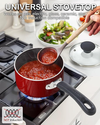 Cook N Home Non Stick Sauce Pan, 1 Quart Saucepan with Glass Lid, Nonstick Small Multi-purpose Pot, Milk Chocolate Aluminum Cooking Pot Pan with Stay-Cool Handle, Marble Red