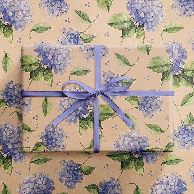 RUSPEPA Hydrangea Wrapping Paper for Women Girls, Mini Roll, Delicate Blooming Floral Gift Wrap, Aesthetic Purple Flower Kraft Paper for Spring, Wedding, Mother's Day, Birthday, 17 Inch x 16.4 Feet