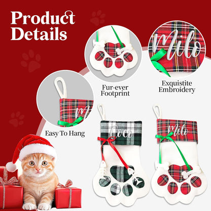 Personalized Christmas Stockings for Dogs and Cats, Custom Paw Shape Stocking Embroidered with Pet Name, Xmas Decorations Family Holiday Fireplace Hanging Stockings (17.3x8.6 in)
