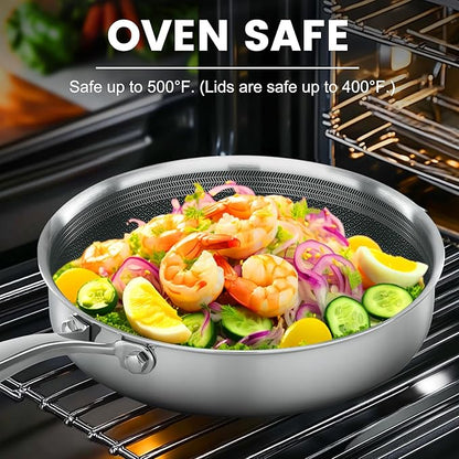 Non Stick Frying Pans,Hybrid Frying Pan with Lid,Non Toxic Frying Pans Nonstick,Stainless Steel Skillet,Dishwasher and Oven-Safe,Compatible with All Cooktops,Induction,9.5 in