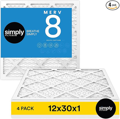 Simply 12x30x1 Air Filter, Merv 8, 4 Pack, For Home AC Furnace & HVAC (Actual Size: 11.75"x29.75"x0.75") DUST, Pet, & Allergy Control