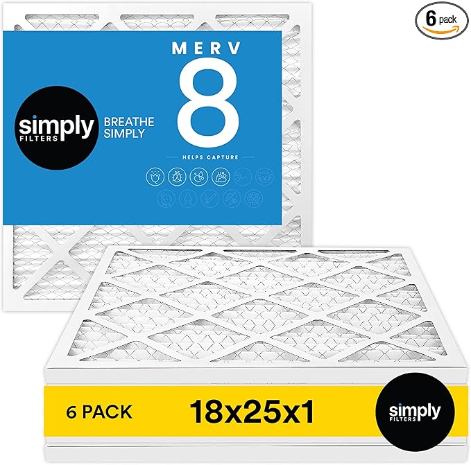 Simply 18x25x1 Air Filter, Merv 8, 6 Pack, For Home AC Furnace & HVAC (Actual Size: 17.75"x24.75"x0.75") DUST, Pet, & Allergy Control