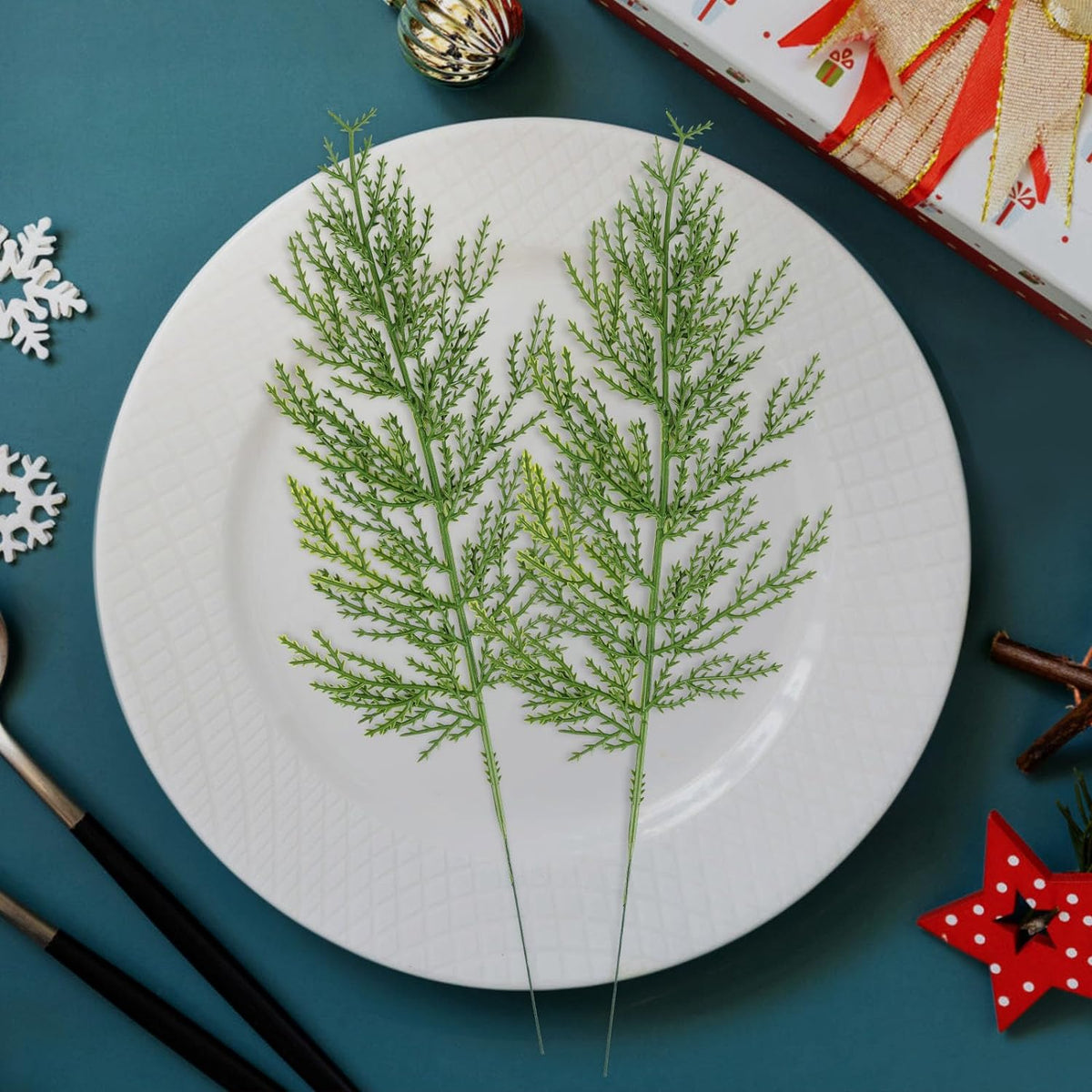 Hananona 120 Pcs Artificial Faux Greenery Sprigs and Twigs - Pine and Cedar Stems for Christmas Holiday DIY, 120 Pieces, Green