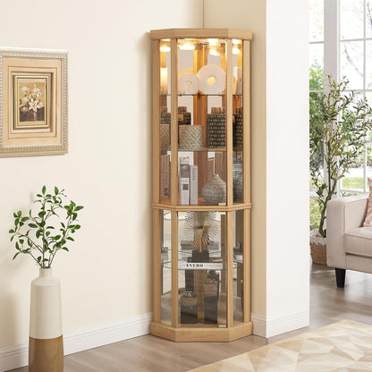 69" H Lighted Corner Display Cabinet, Curio Corner Glass Cabinet w/Adjustable Shelves & Glass Door, 5-Tier Wooden Storage Display Case w/Mirrored Back Pane for Living Room(Light Oak)