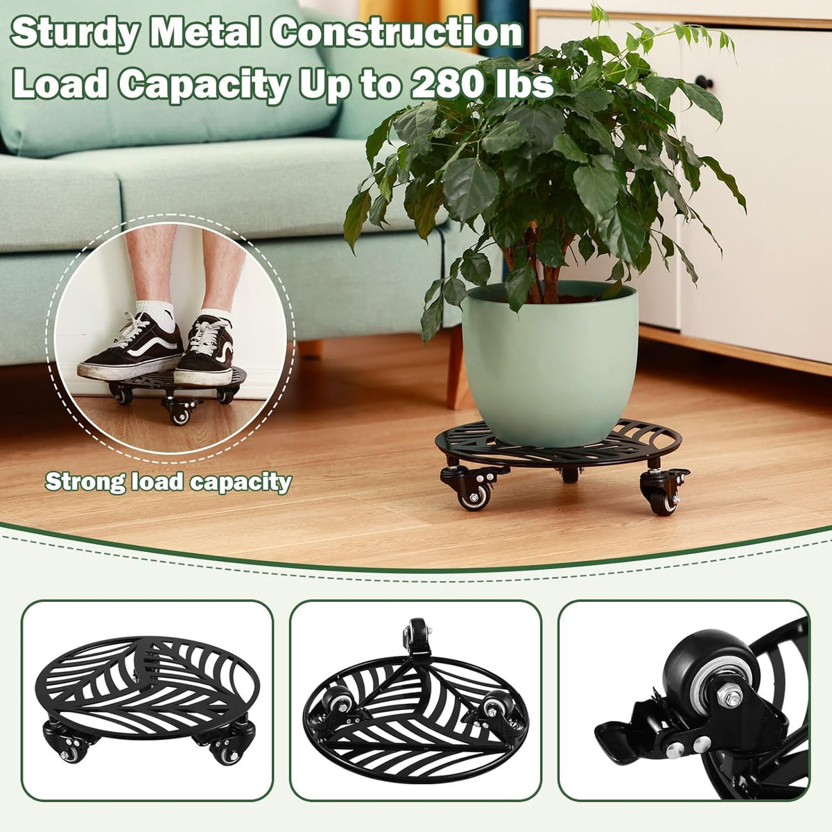 3 Packs Metal Plant Caddy with 3 Metal PU Wheels 12” Heavy-duty Wrought Iron Rolling Plant Stands with Casters Indoor and Outdoor Plant Pot Roller Base Plant Dolly Coaster Movers Black