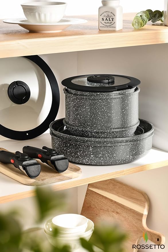 16pcs Aluminium Nonstick Pots and Pans Set from France with detachable Handle, Stackable, Ceramic RV Kitchen Cookware Sets Removable Handle, PFOA and PTFE Free, Oven Safe, Induction