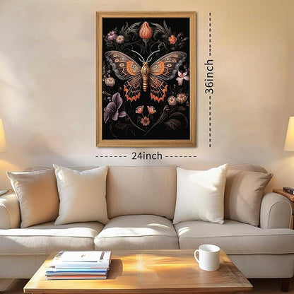 Framed Vintage 3D Textured Wall Art - Gothic Butterfly Wall Decor - Hand Drawn Sandstone Nature Botanical Pictures for Living Room Bedroom Home Decor 24x36in