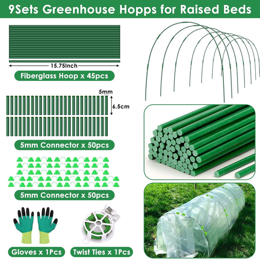 9 Sets Greenhouse Hoops for Raised Beds,45 Pcs Garden Hoops Grow Tunnel Rust-Free Fiberglass Garden Stakes Hoops, Plant Support Hoop House Kit Frame for Shade Cloth Netting Row Cover Garden Supplies