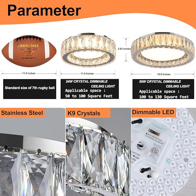 Crystal Chrome Flush Mount Ceiling Light,LED Dimmable 5CCT 3000K-6000K Lighting Fixtures Modern Round 36W Chandelier for Kitchen Entryway Bedroom Dining Room 15 Inch