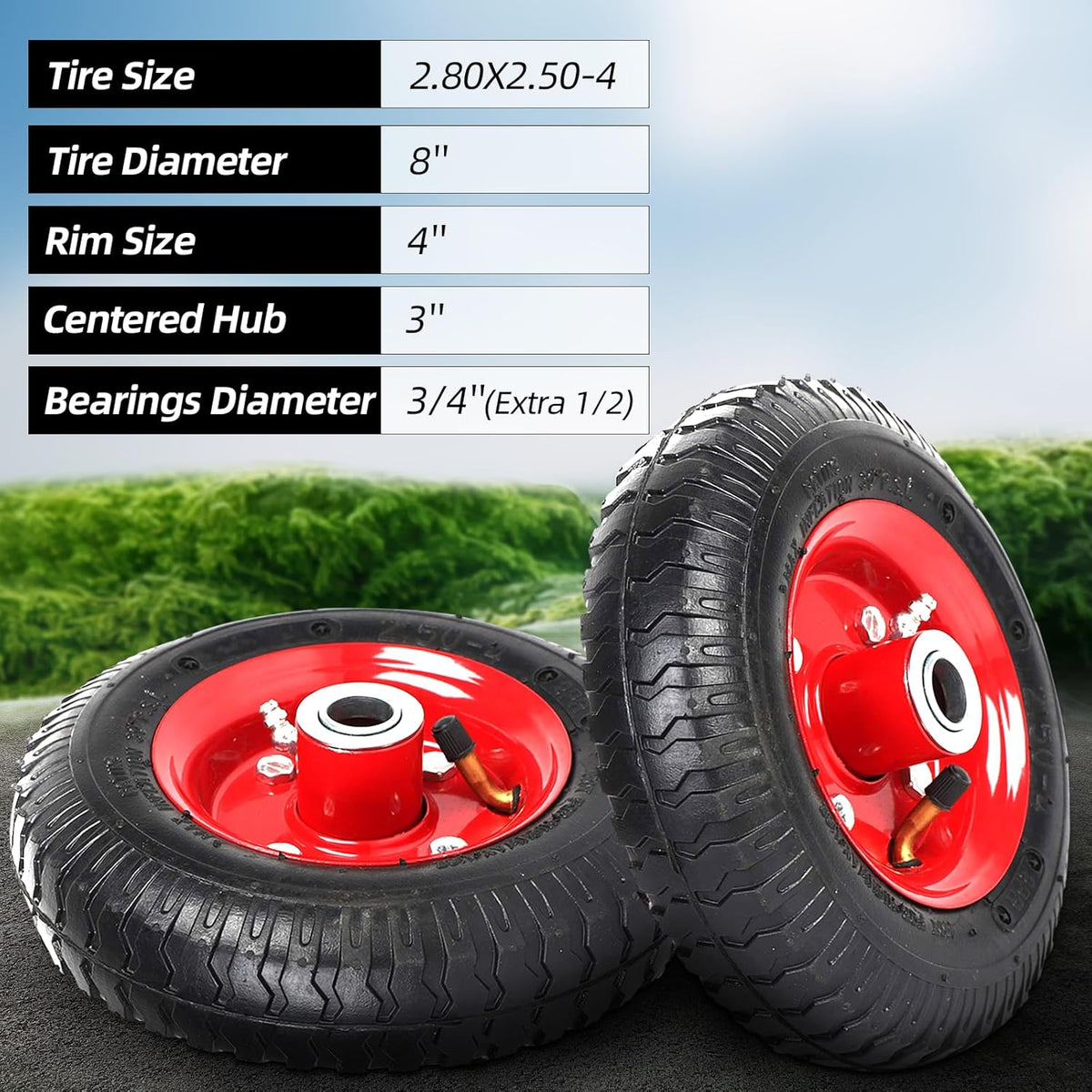 AR-PRO (2-Pack) 2.80/2.50-4" Tire and Wheel Set - 8 Inch Wheelbarrow Tire and Wheel Replacement with 3/4" Bearings and 3" Centered Hub - Extra Adapter kit includes 1/2" Bearings