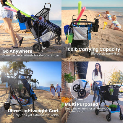Strolee Large Wheeled Collapsible Beach Cart for Soft Sand, Shopping, Camping & Garden- Lightweight Aluminum Frame- Removable Storage Bag with Carrying Straps, X-L Capacity & Cooler Rack Dark Grey