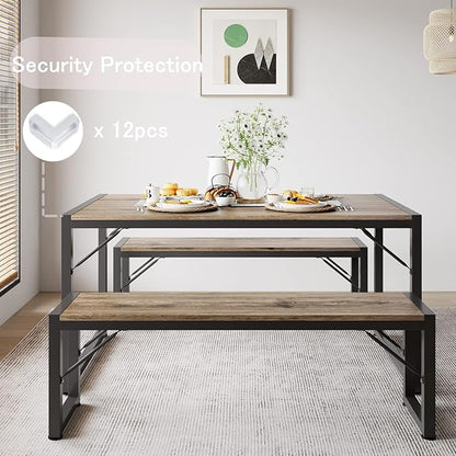 Gizoon 45.5" Dining Table Set for 4 with 2 Benches, Kitchen Table Set with Metal Frame & MDF Board, Space-Saving Dinette for Kitchen, Dining Room -Grey