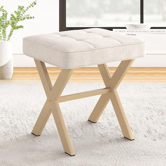LUE BONA Square Linen Makeup Stool, Metal X Legs, Small Ottoman Stool Chair for Vanity, Modern Padded Seat Foot Rest for Makeup Room, Bathroom