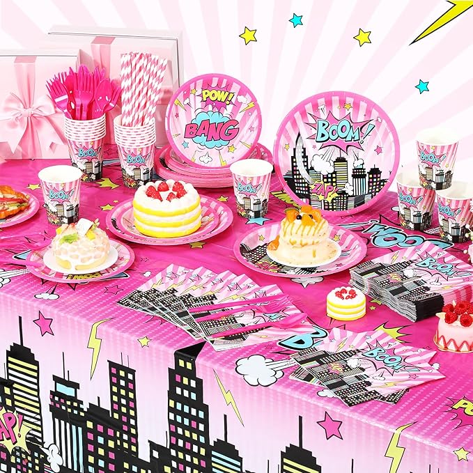 452 Pcs Girl Birthday Decorations for 50 Guests Pink Hero Paper Plates Napkins Cups Tablecloth Cutlery Straws for Pink Hero Girl Birthday Baby Shower Party Supplies