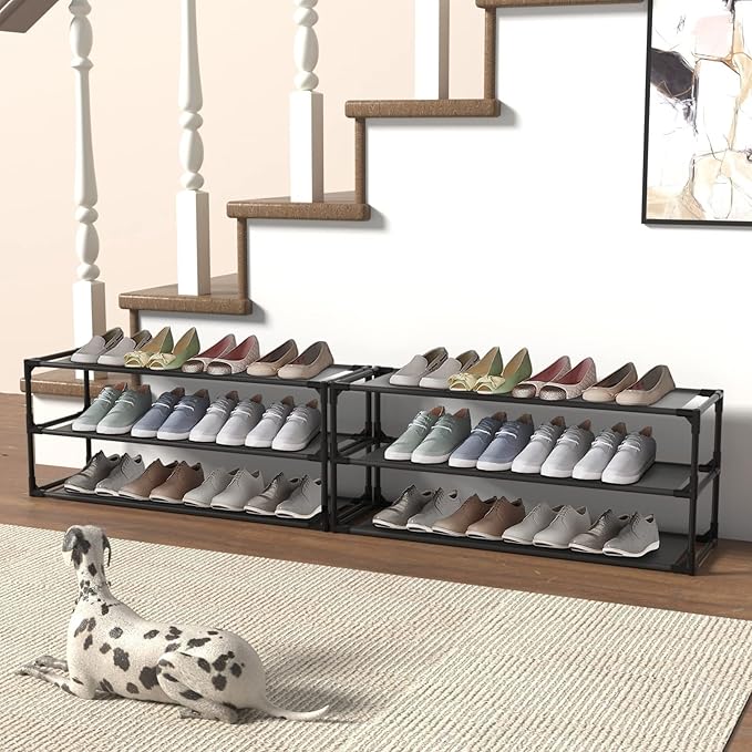 TY ARTS & CULTURE 2 Pack 3-Tiers Shoe Rack Organizer, Sturdy Metal Pipes & Durable Non-Woven Fabric, Shoe Rack for Closet Hold 24-30 Pairs, Shoe Rack for Entryway (Black)