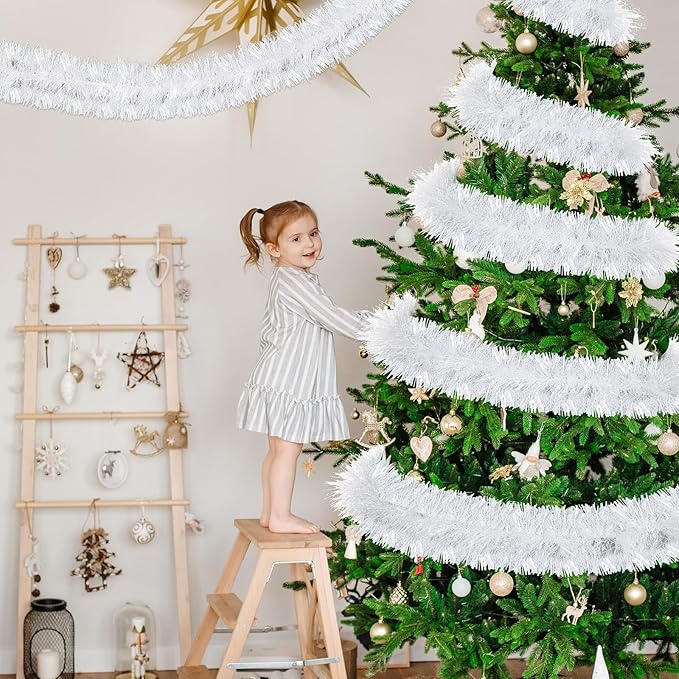 72 Feet Christmas Tinsel Garland Shiny Metallic Tinsel Twist Garland Streamers Ornaments Long Glitter Christmas Tree Hanging Decorations for Party Holiday Wedding Birthday Tree Wall Rail (Snowy White)