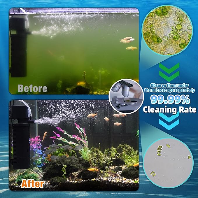 Aquarium U-V Filter 158GPH for 10-45 Gallon Small Betta Fish Turtle Tank, Internal Filter w/ Aeration Bio Sponge Green Clean Machine Green Killing Deodorization Keep Saltwater Freshwater Crystal Clear