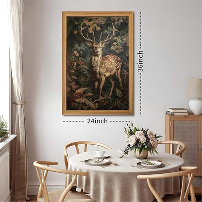 Framed 3D Textured Vintage Wall Art - Dark Academia Decor Sika Deer Hand Drawn Sandstone Paintings with Botanical Florals, Aesthetic Wall Decor for Living Room Bedroom Home 24x36 inch