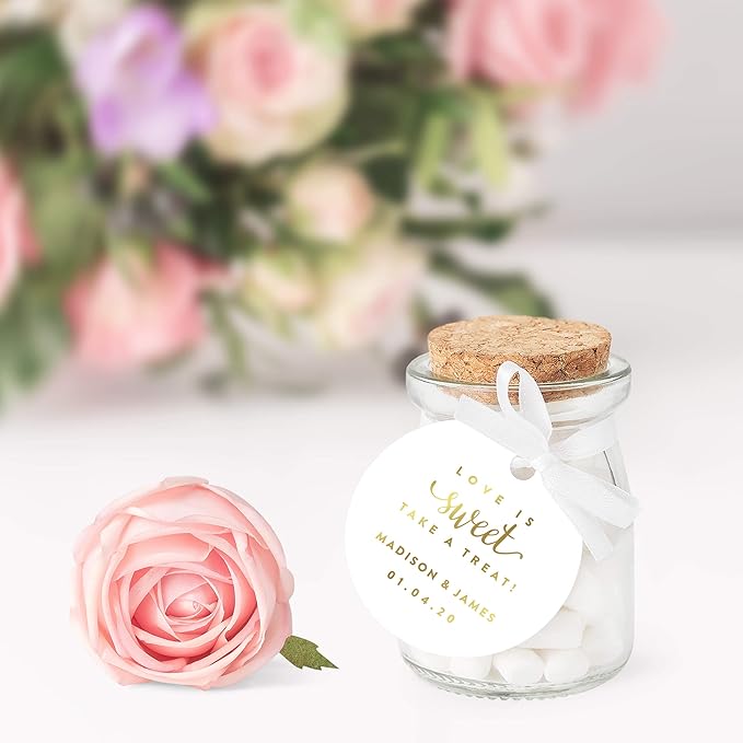 Andaz Press Personalized Round Circle Wedding Gift Tags, Metallic Gold Ink, Love is Sweet Take a Treat, 24-Pack, Custom Made Any Name, Not Gold Foil