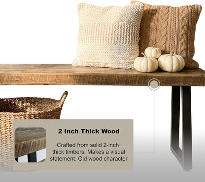 Rustic Revival Reclaimed Barnwood Bench, Solid Wood with Metal Base, Modern Farmhouse Style, 2-Inch Thick Top, for Entryway, Bedroom, Living Room (48x12)