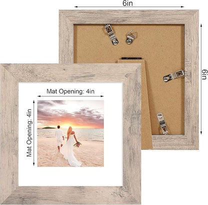 6x6 Picture Frame Set of 4 with High Definition Glass, Smoke Gray Frame Display 4x4 Pictures with Mat or 6 x 6 Without Mat, Wood Square Photo Frame for Wall Mount and Tabletop Display