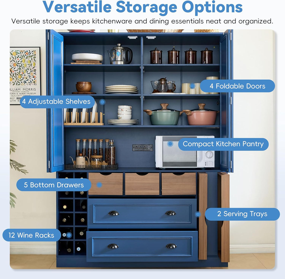 Farmhouse 71''H Large Kitchen Pantry,Deepen Dining Storage Cupboard with 4 Foldable Doors,Power Outlet, Shelves, Wine Racks and Serving Trays (Blue/FD)