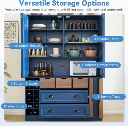 Large Kitchen Pantry Cabinet with 4 Foldable Doors and Storage Shelves, Farmhouse Freestanding Cupboard with Wine Racks, Power Outlet and Serving Trays (Blue)