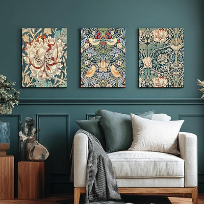 FASWQ Framed William Morris Wall Art, Nouveau Vintage Botanical Wall Decor, Retro Intricate Floral Animal Canvas Painting, Retro Natural Flower Bird Poster Prints for Living Room Bedroom 16"x24"x3