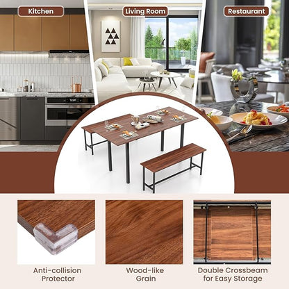 Giantex 3-Piece Dining Table Set for 4-8, 63” Extendable Dining Table with 2 Benches, Metal Frame, Dinette Table Set for Dinner, Breakfast Nook, Kitchen, Living Room, Restaurant, Walnut