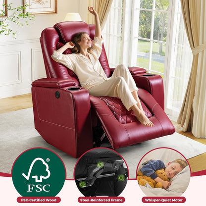 ANJ Power Recliner Chair Set of 6, Electric Soft Faux Leather Reclining Home Theater Seating - USB Ports, Cup Holders, Hidden Arm Storage Movie & Media Room Chairs (Red)