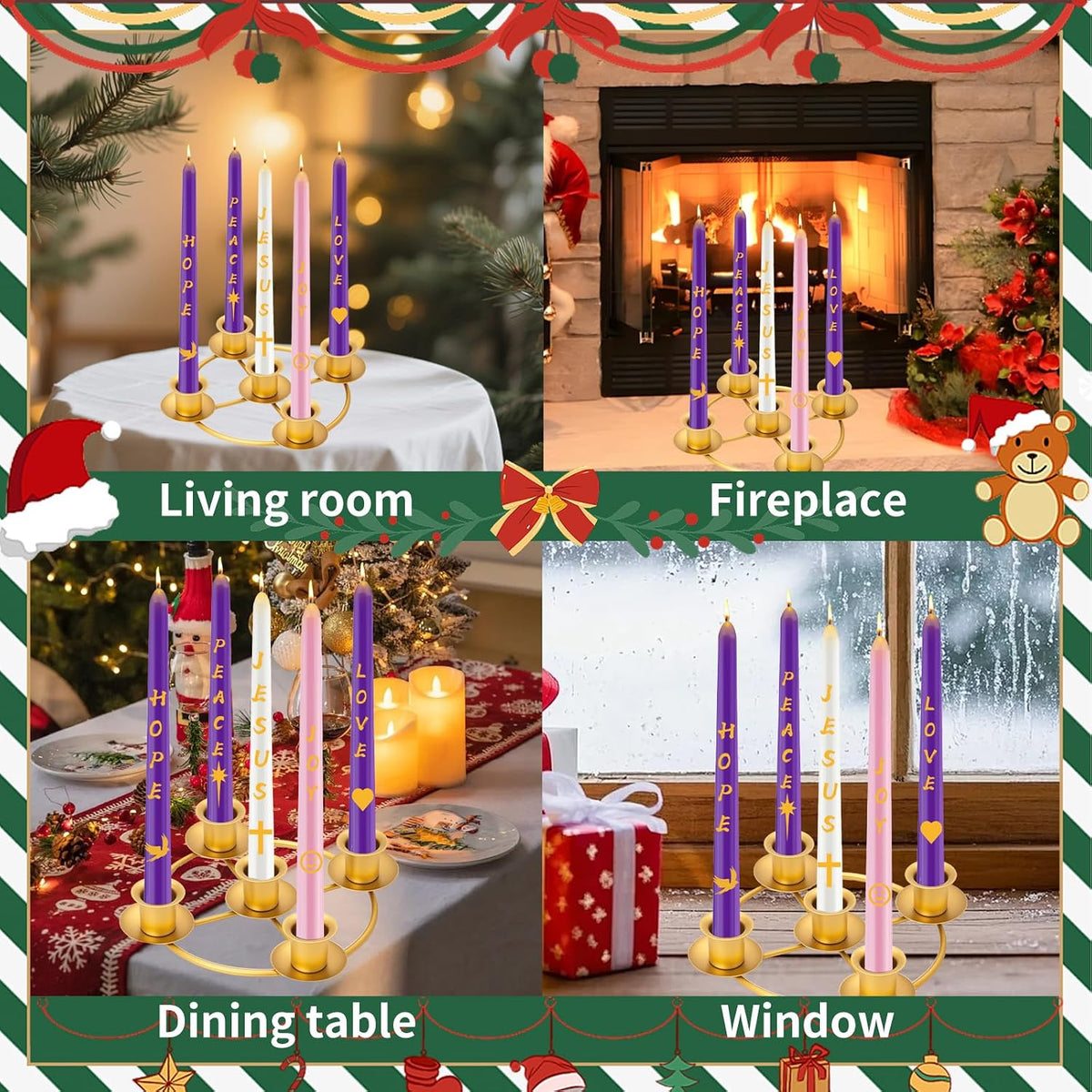 Advent Wreath Candle Holder Set with 5 Taper Candles, Gold Christmas Candle Ring Table Decoration for Advent Christmas Festival Home Church