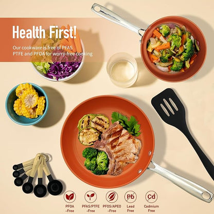 24 Pcs Pots and Pans Set Nonstick, Ceramic Cookware Sets, Kitchen Cookware Sets without PFAS, PTFE or PFOA, Compatible with All Stovetops, Oven Safe,Copper