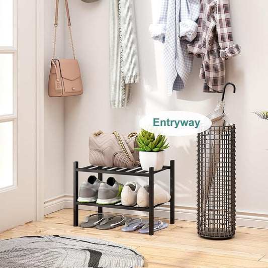 Black Small Shoe Rack for Entryway,2-Tier Bamboo Shoe Organizer for Hallway Closet, Free Standing Shoe Racks for Indoor Outdoor