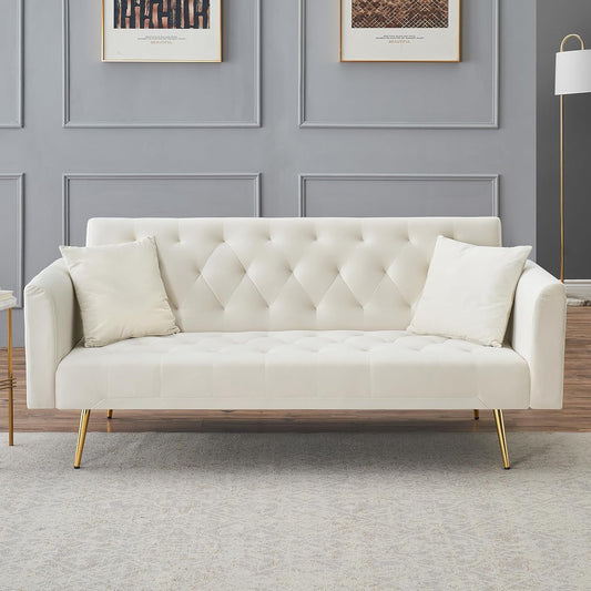 71" Modern Velvet Sofa Bed Futon, Convertible Sleeper Couch, Adj. Backrest | Tufted Recliner Loveseat Design with Golden Chrome Legs & 2 Pillows, Perfect for Small Spaces, Living Room, Apartment