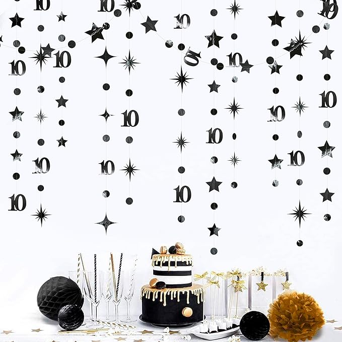 Black 10th Birthday Decorations Number 10 Circle Dot Twinkle Star Garland Metallic Hanging Streamer Banner Backdrop for Girls Boys Double Digits Ten Year Old Birthday 10th Anniversary Party Supplies