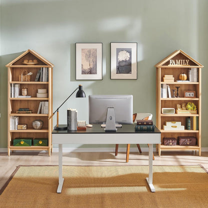 75.9" Tall Angled Arch Bookshelf, 5 Tiers Geometric Large Bookcase with Storage, Modern Triangular Top with Adjustable Shelves, Wood Cabinet w/Open Display Shelves for Living Room, Office Natural