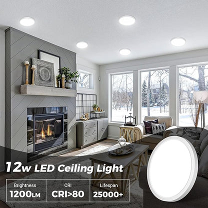 zemty LED Ceiling Light 6.5 Inch, 12W 1200lm Ceiling Mount Light Fixtures, Bright & Adjustable 3000K 4000K 6500K, Round Flat Lamp for Bathroom Closet Pantry Hallway, 2 Pack