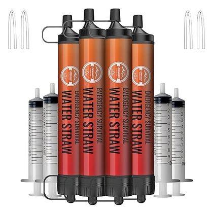 Water Filter Straw, Emergency Water Filtration System, Personal Water Purifier, Outdoor Survival Gear and Equipment for Hiking Camping Accessories Travel Fishing Emergency Preparedness (4PCS)