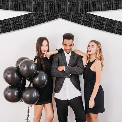 10 Pack 10 Feet Black Foil Fringe Garland Metallic Tinsel Streamers Banner Wall Hanging Curtain Backdrop for Parade Floats, Bachelorette, Wedding, Birthday, Halloween, Christmas Party Decorations