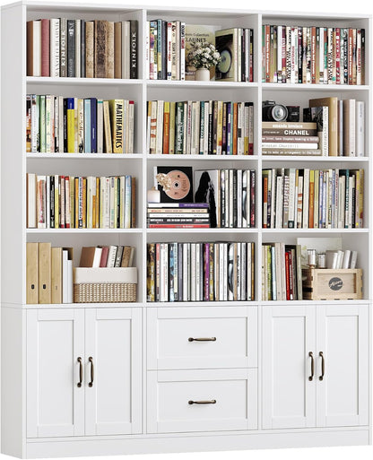 HOSTACK 71" Tall Triple Wide Bookshelf with Storage Drawers & Doors, White