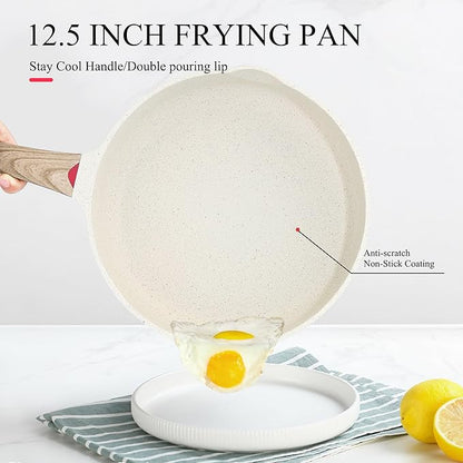 Vinchef Nonstick Frying Pan Anti Scratch,12.5 Inch Skillet Cast Aluminum Cookware, Induction Compatible White