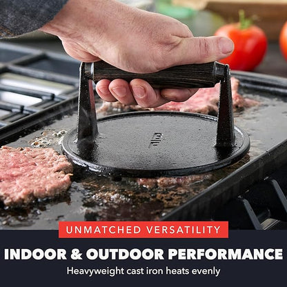 GreenPan x Bobby Flay Smash Burger Press, 6.5" Cast Iron Round Grill Press, Smashed Burgers, Heavy-Duty, Wood Handle, Cookouts & BBQ Tool for Juicy & Crispy Hamburgers Bacon Sandwich, Flat Top Griddle