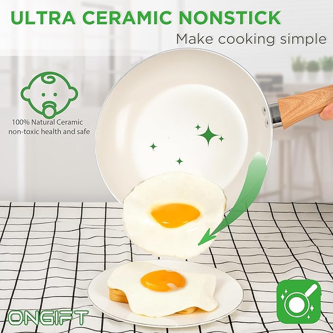 23 Pcs Pots and Pans Set Nonstick, Kitchen Cookware Sets, with Frying Pan, Saucepan, Saute Pan, Lightweight Cooking Set with Stay-Cool Wood Print Handles, NO PFAS and PFOA, Light Wood